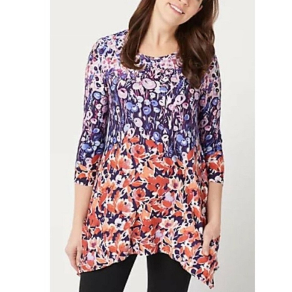 LOGO by Lori Goldstein Blue and Purple Asymmetrical 3/4 Sleeve Tunic